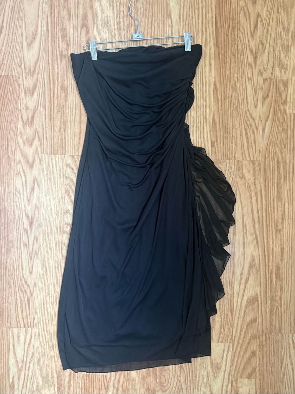 B. Smart Strapless Black Ruched Cocktail Dress with Side Ruffle